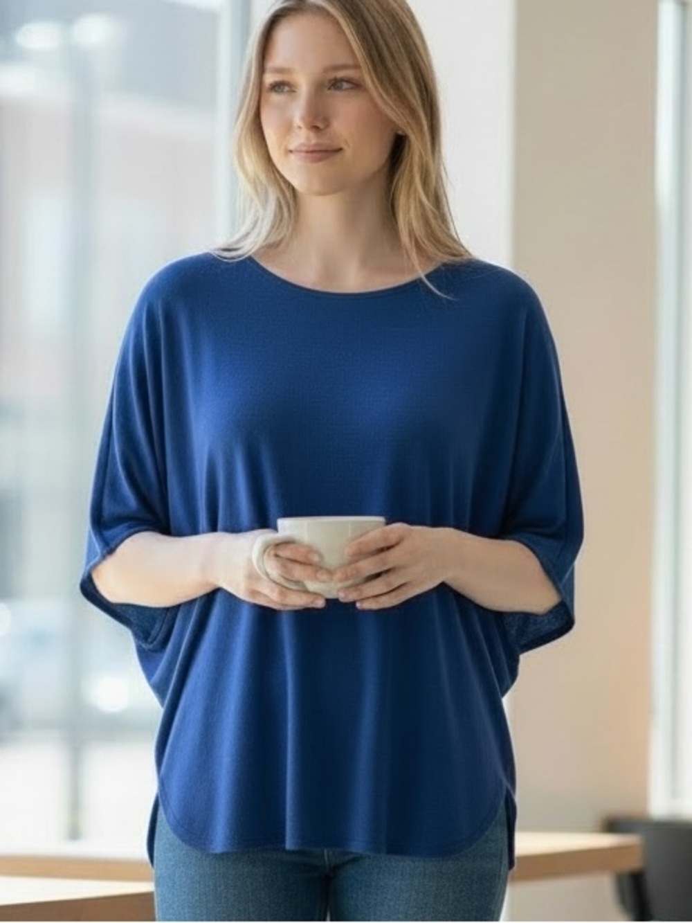 050 Vintage JESSICA (XS) Knit Open Sleeves Sweater Drapey Lightweight Royal Blue